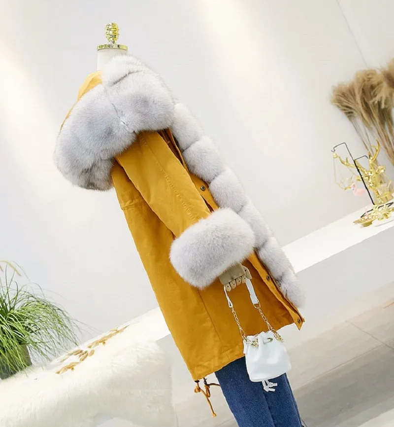 Women's Winter Casual Hooded Thick Long Parka With Rabbit Fur