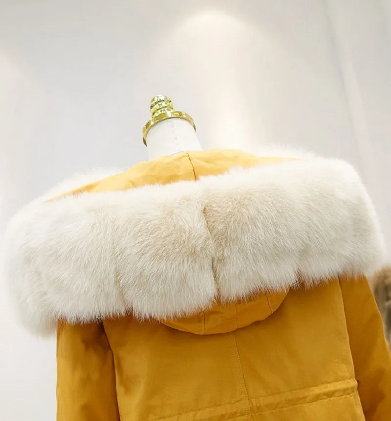 Women's Winter Casual Hooded Thick Long Parka With Rabbit Fur