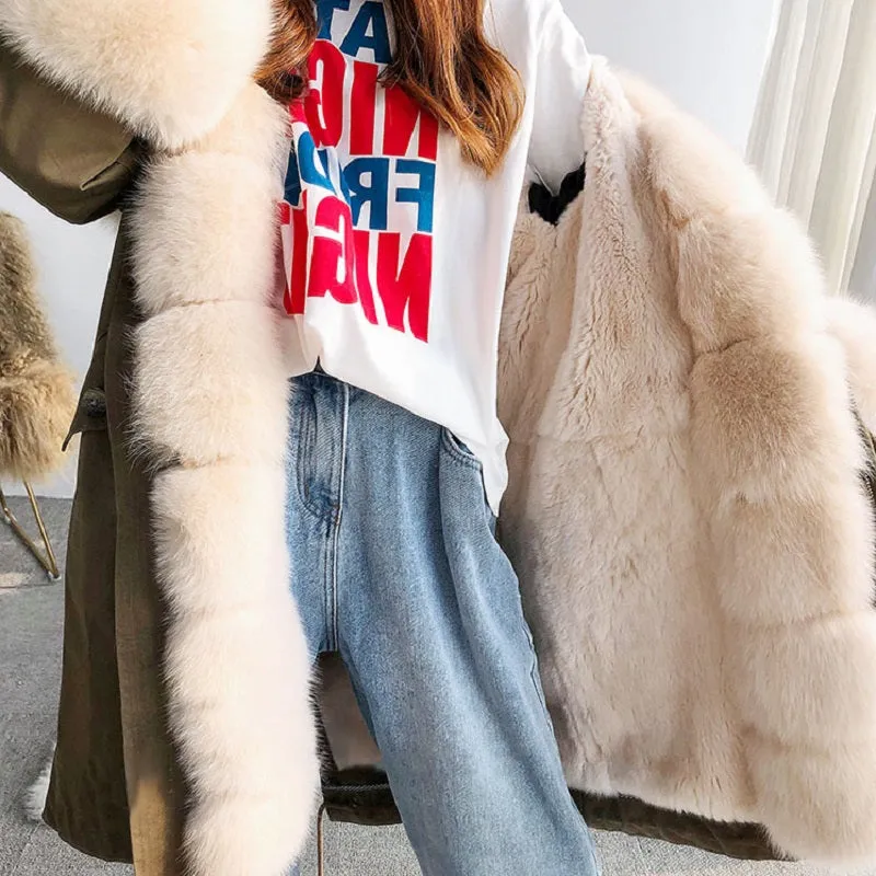 Women's Winter Casual Hooded Thick Long Parka With Rabbit Fur