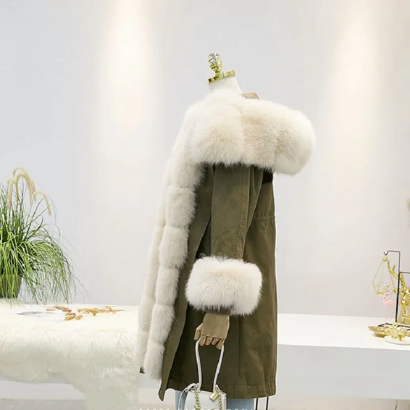 Women's Winter Casual Hooded Thick Long Parka With Rabbit Fur