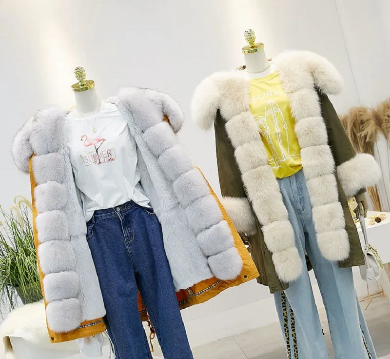 Women's Winter Casual Hooded Thick Long Parka With Rabbit Fur