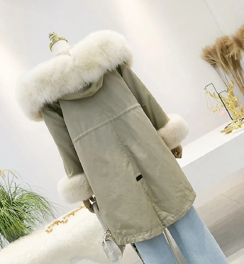 Women's Winter Casual Hooded Thick Long Parka With Rabbit Fur