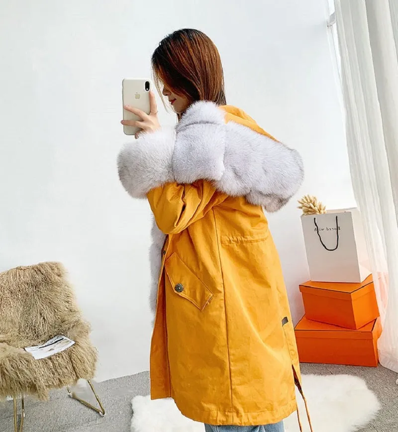 Women's Winter Casual Hooded Thick Long Parka With Rabbit Fur
