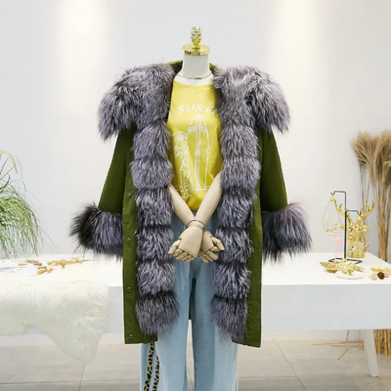 Women's Winter Casual Hooded Thick Long Parka With Rabbit Fur
