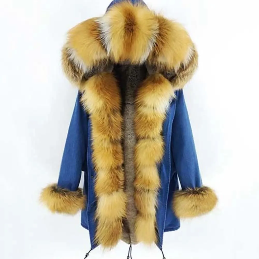 Women's Winter Casual Thick Denim Parka With Rabbit Fur