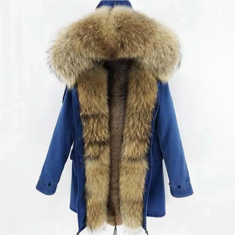 Women's Winter Casual Thick Denim Parka With Rabbit Fur