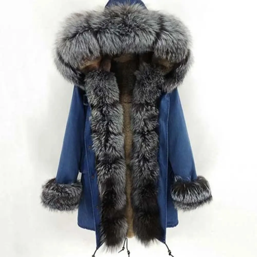 Women's Winter Casual Thick Denim Parka With Rabbit Fur