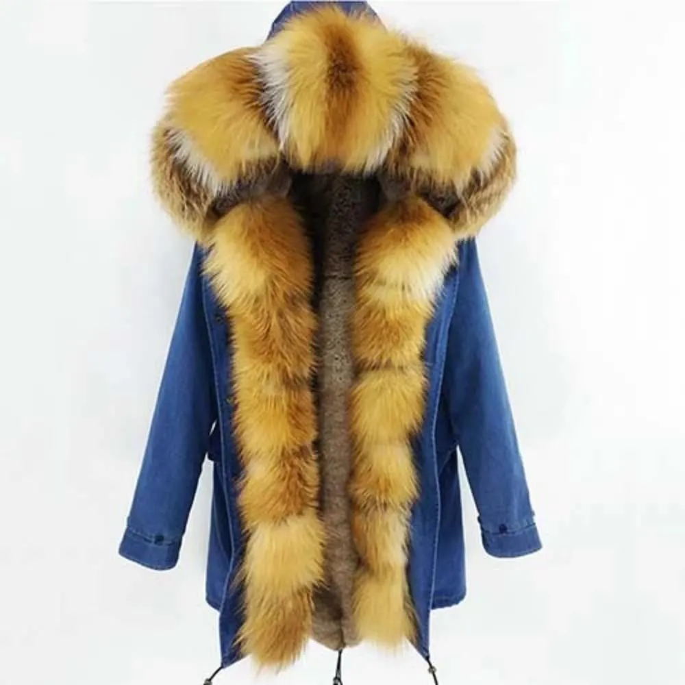Women's Winter Casual Thick Denim Parka With Rabbit Fur