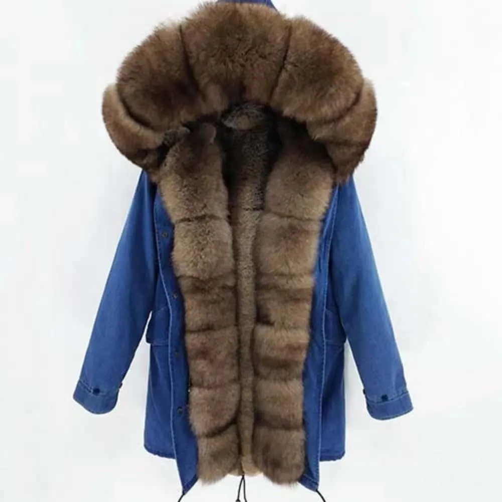 Women's Winter Casual Thick Denim Parka With Rabbit Fur