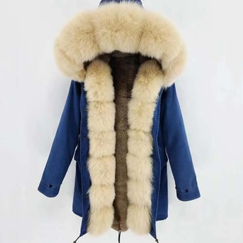 Women's Winter Casual Thick Denim Parka With Rabbit Fur