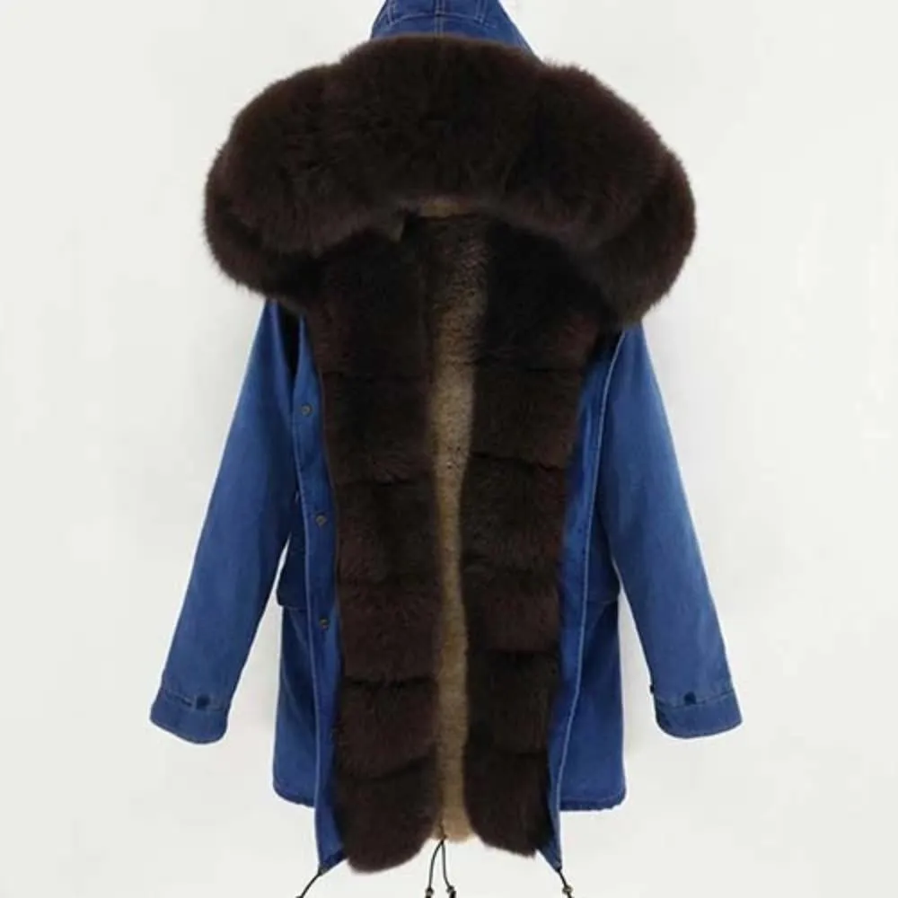 Women's Winter Casual Thick Denim Parka With Rabbit Fur