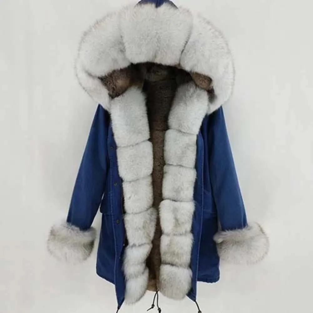 Women's Winter Casual Thick Denim Parka With Rabbit Fur