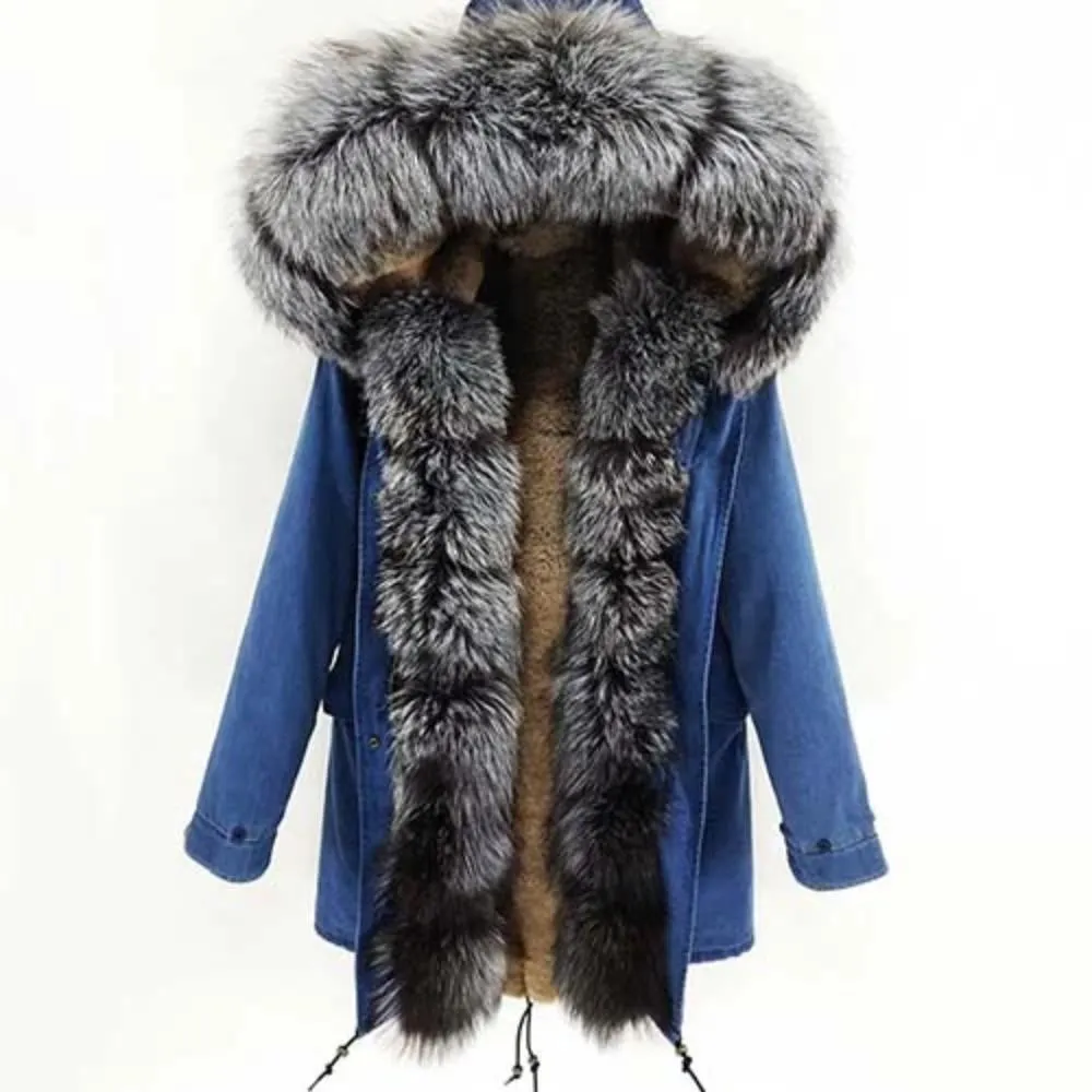 Women's Winter Casual Thick Denim Parka With Rabbit Fur
