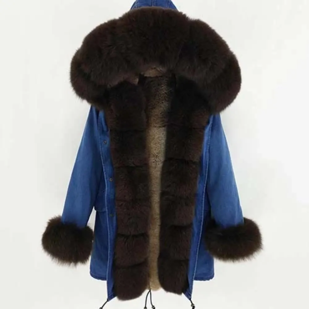 Women's Winter Casual Thick Denim Parka With Rabbit Fur