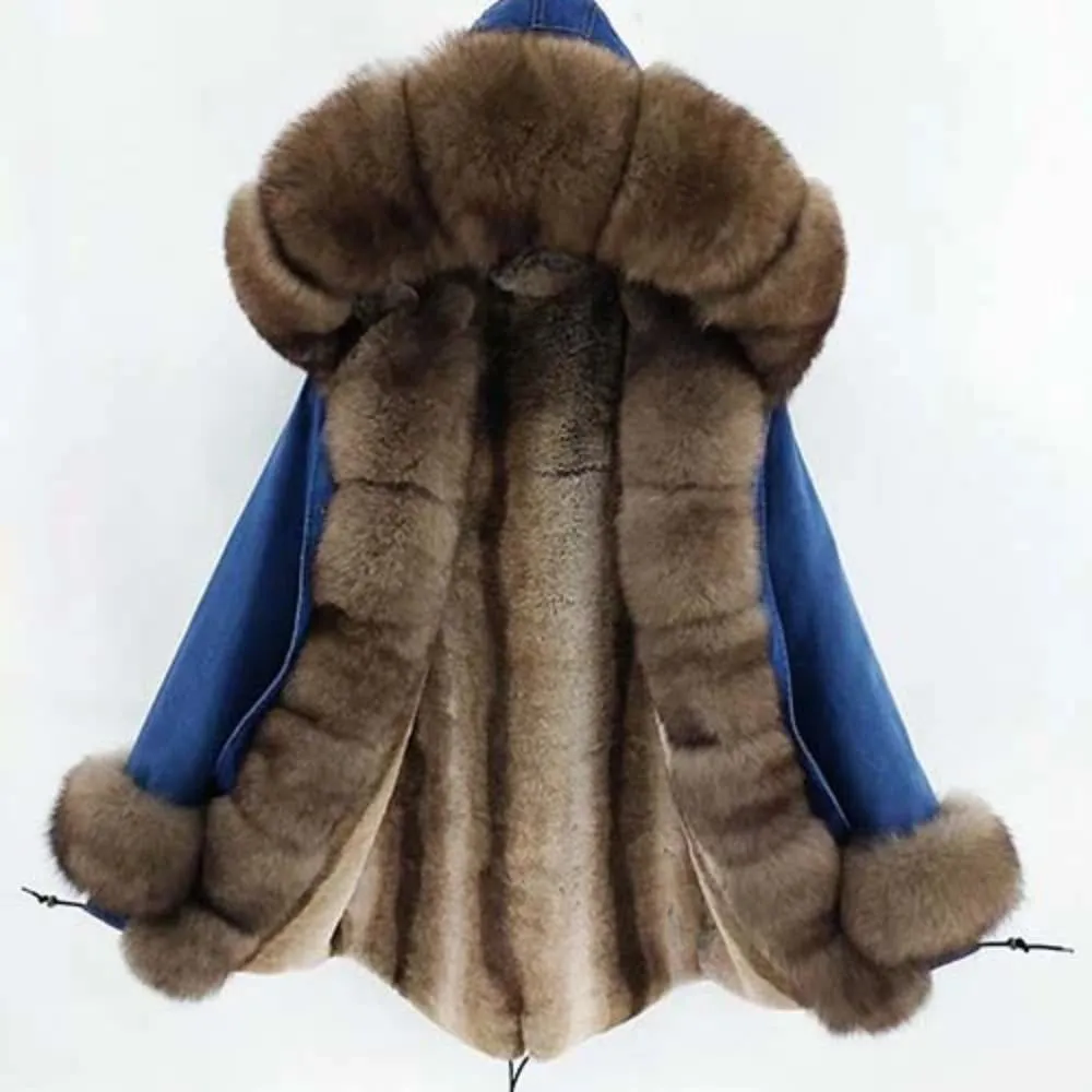 Women's Winter Casual Thick Denim Parka With Rabbit Fur