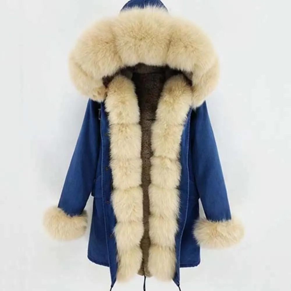 Women's Winter Casual Thick Denim Parka With Rabbit Fur