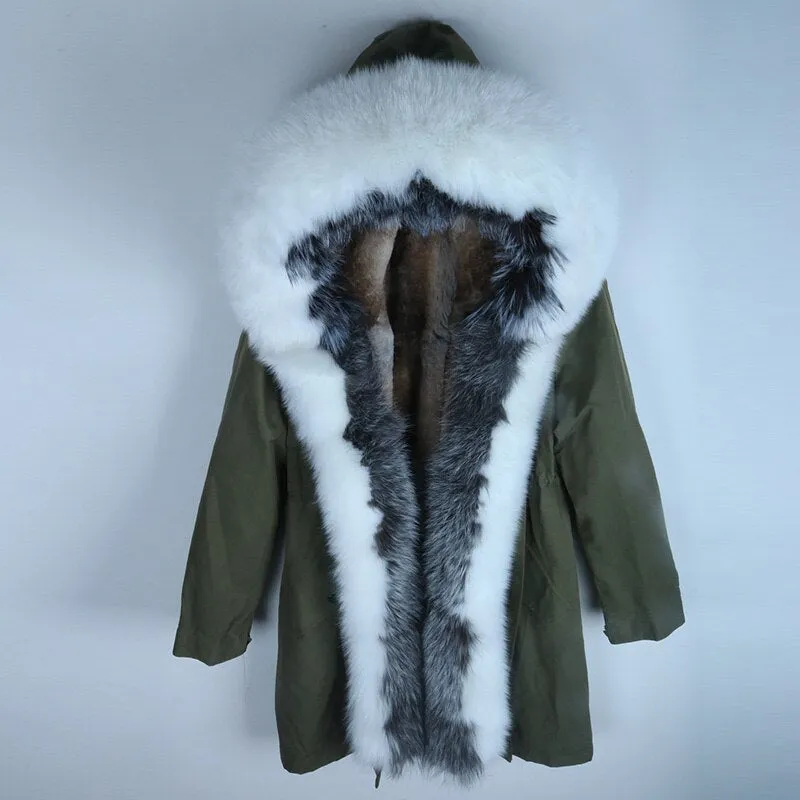 Women's Winter Casual Thick Slim Long Warm Parka With Rabbit Fur