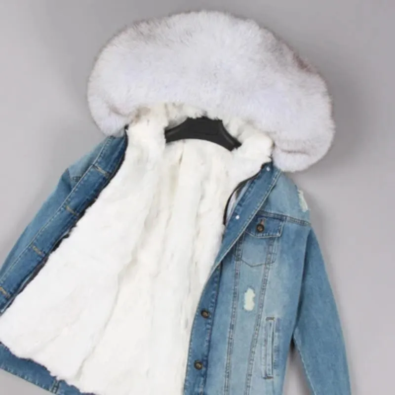 Women's Winter Casual Warm Denim Parka With Raccoon Fur