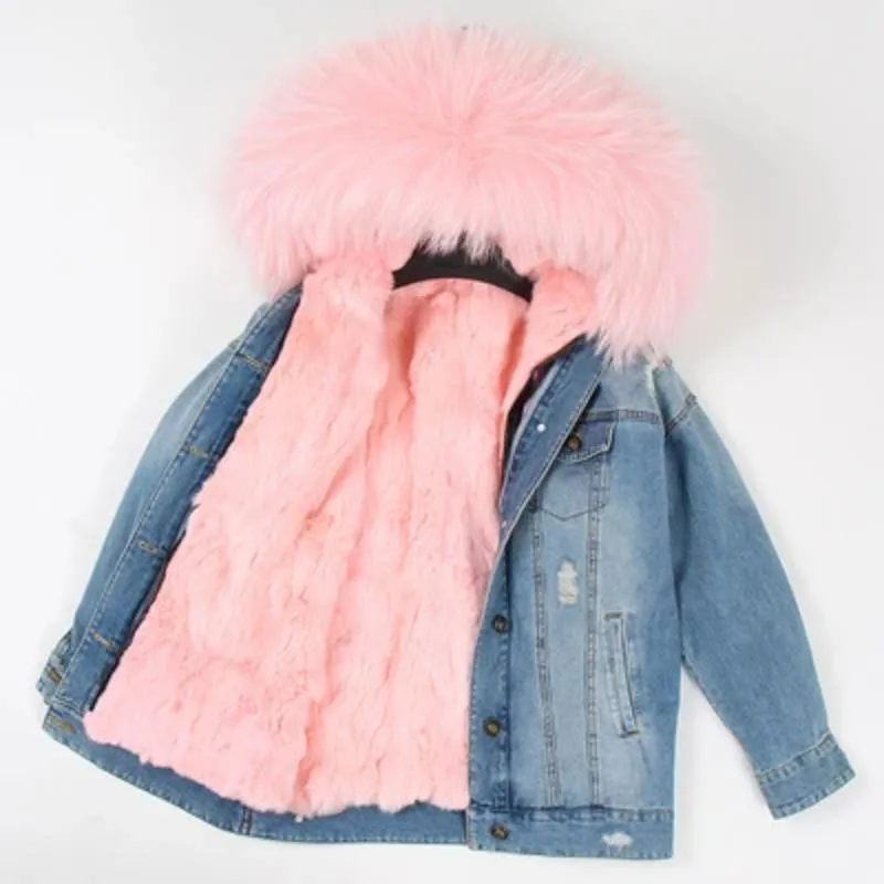 Women's Winter Casual Warm Denim Parka With Raccoon Fur