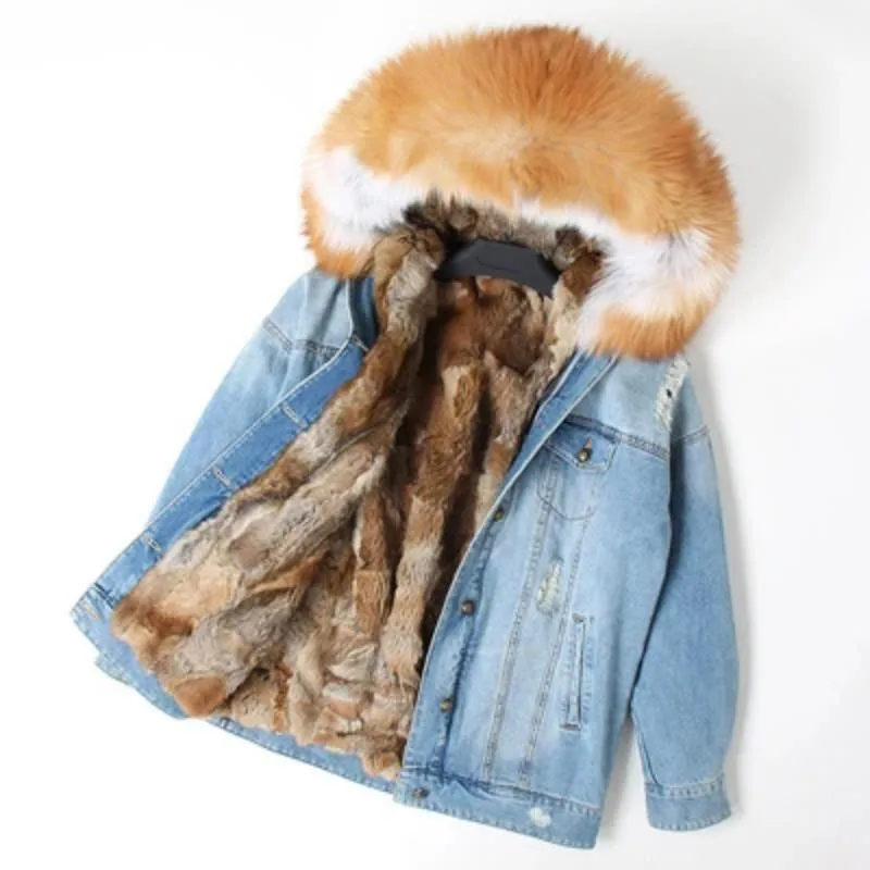 Women's Winter Casual Warm Denim Parka With Raccoon Fur