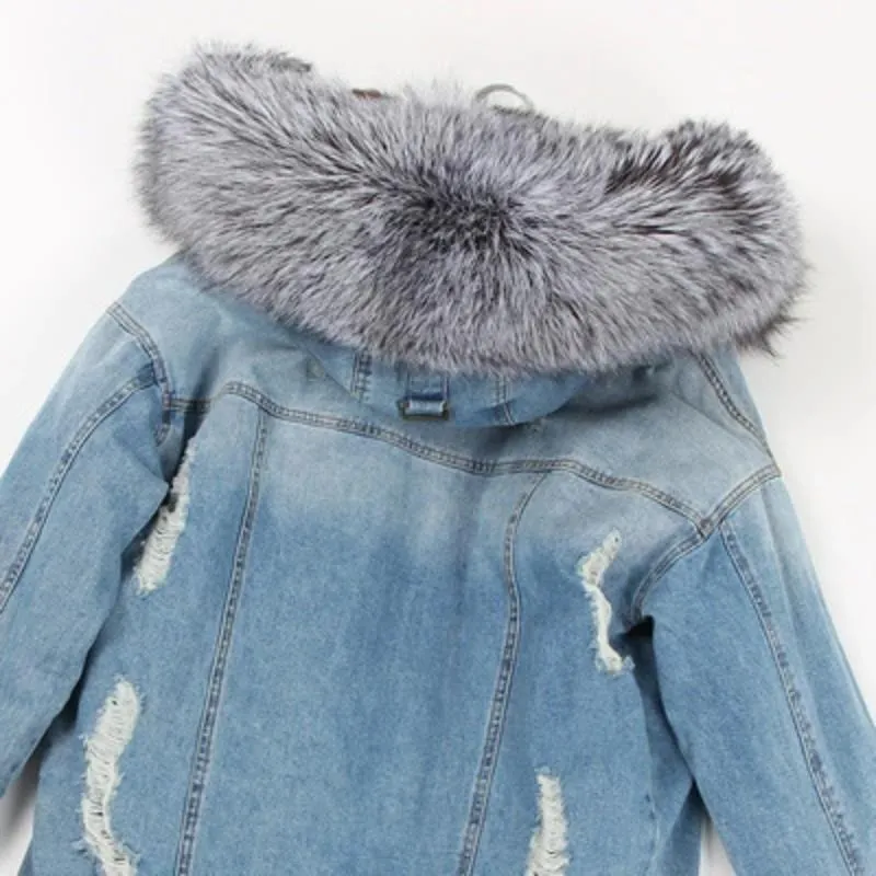 Women's Winter Casual Warm Denim Parka With Raccoon Fur