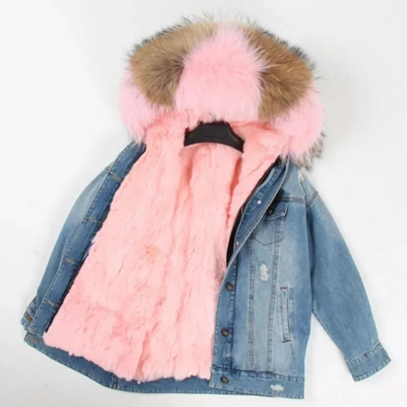 Women's Winter Casual Warm Denim Parka With Raccoon Fur