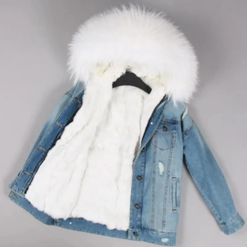 Women's Winter Casual Warm Denim Parka With Raccoon Fur