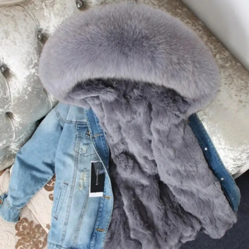 Women's Winter Casual Warm Denim Parka With Raccoon Fur