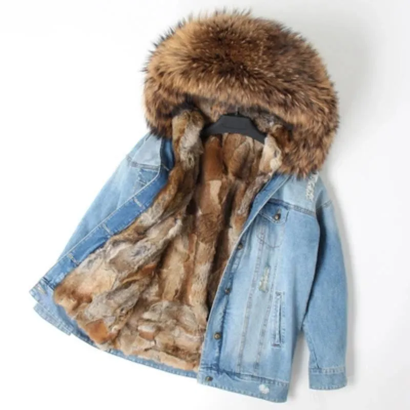 Women's Winter Casual Warm Denim Parka With Raccoon Fur