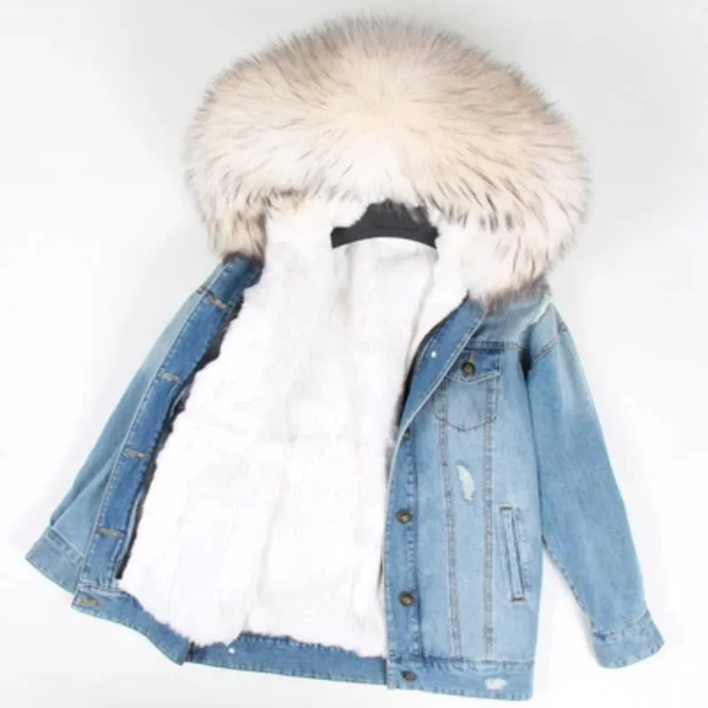 Women's Winter Casual Warm Denim Parka With Raccoon Fur