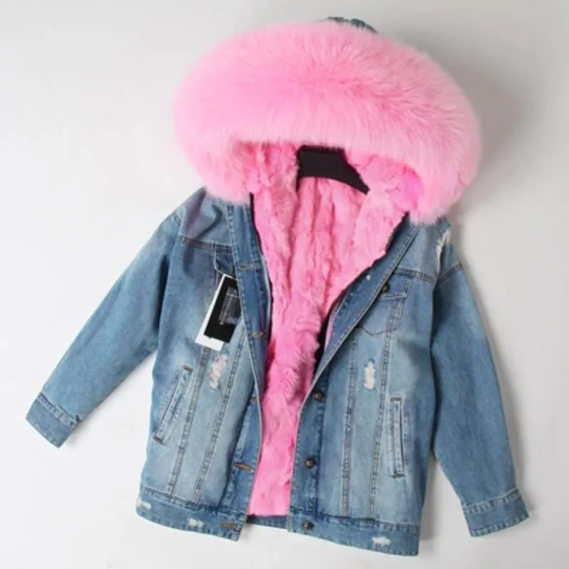 Women's Winter Casual Warm Denim Parka With Raccoon Fur