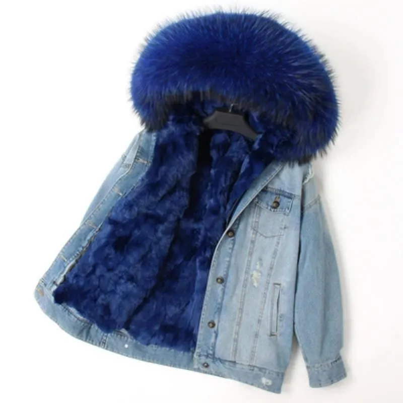Women's Winter Casual Warm Denim Parka With Raccoon Fur