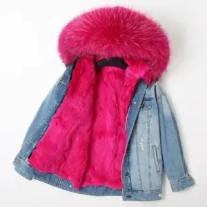 Women's Winter Casual Warm Denim Parka With Raccoon Fur