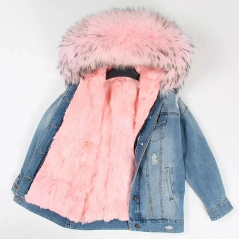 Women's Winter Casual Warm Denim Parka With Raccoon Fur