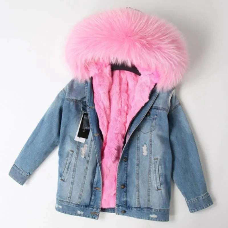 Women's Winter Casual Warm Denim Parka With Raccoon Fur