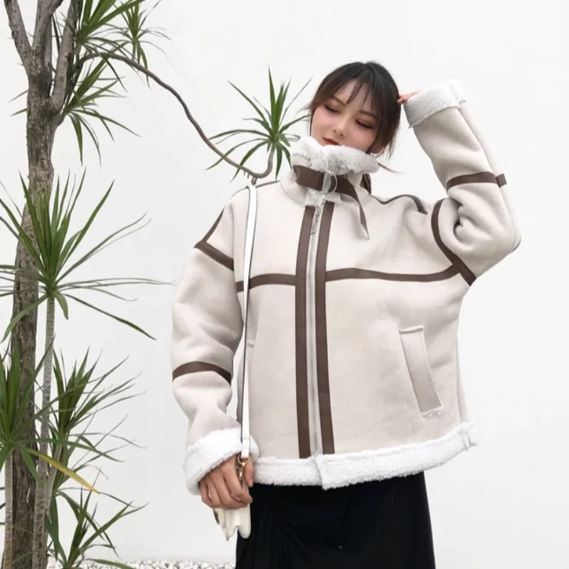 Women's Winter Faux Sheepskin Short Coat With Faux Wool