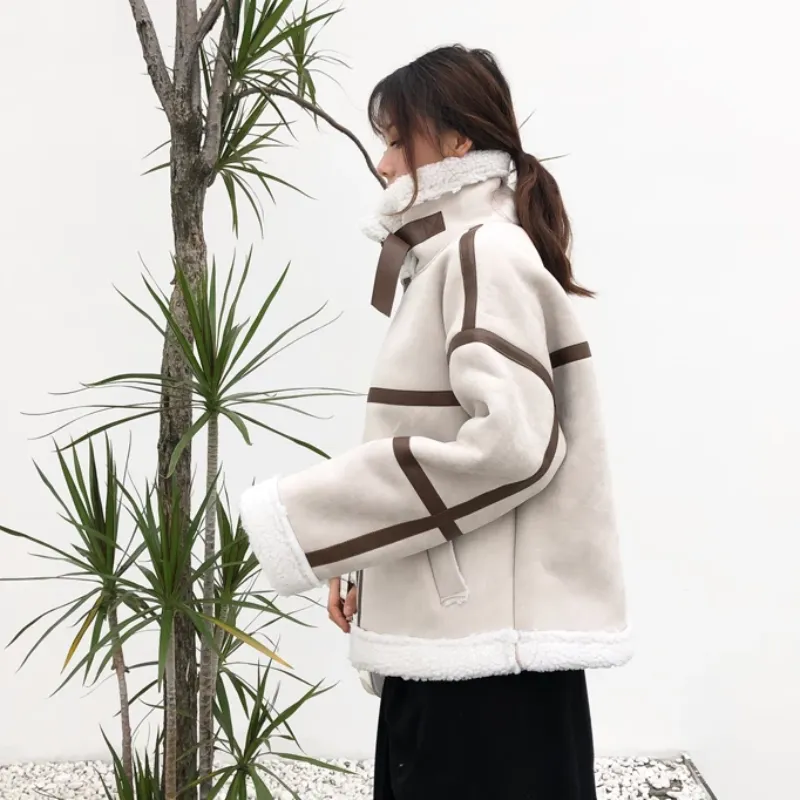 Women's Winter Faux Sheepskin Short Coat With Faux Wool