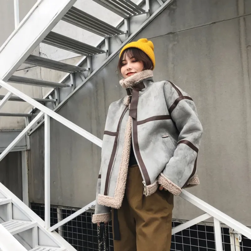 Women's Winter Faux Sheepskin Short Coat With Faux Wool