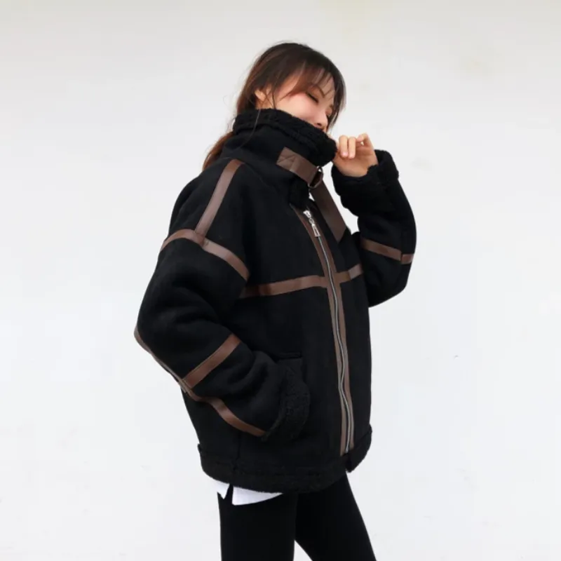 Women's Winter Faux Sheepskin Short Coat With Faux Wool