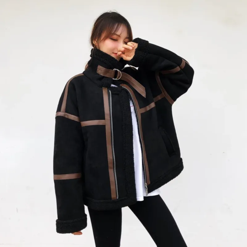 Women's Winter Faux Sheepskin Short Coat With Faux Wool