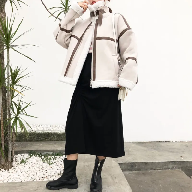 Women's Winter Faux Sheepskin Short Coat With Faux Wool