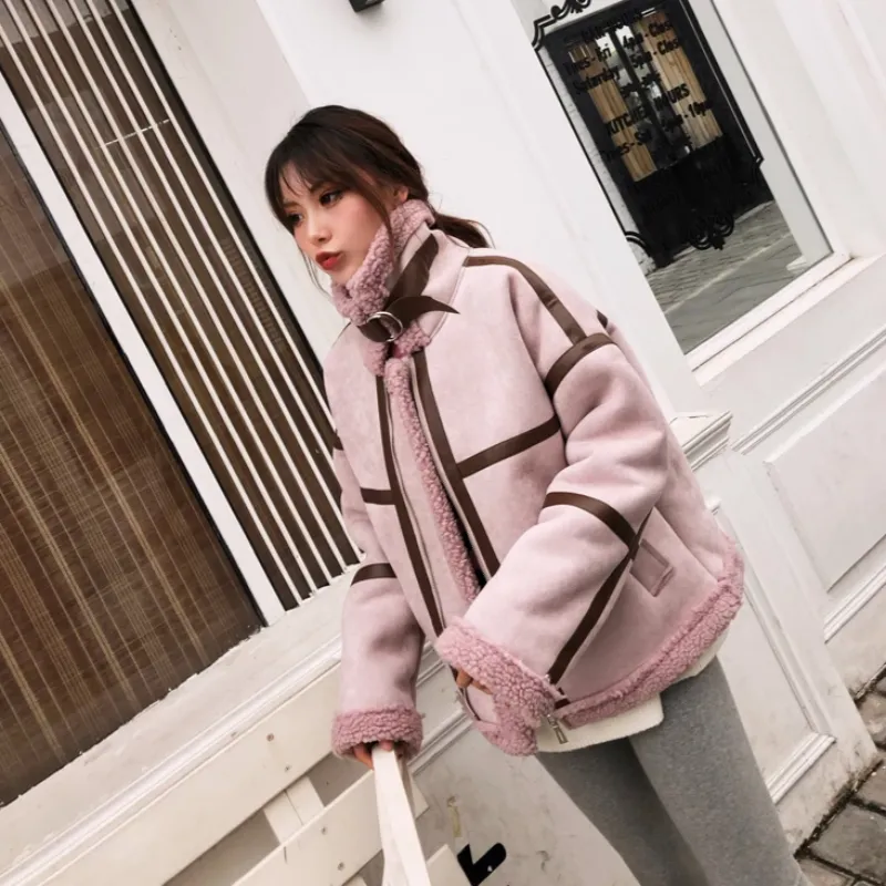 Women's Winter Faux Sheepskin Short Coat With Faux Wool