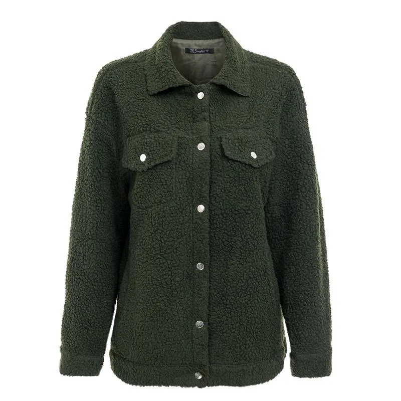 Women's Winter Long Sleeved Lambs Wool Button Jacket