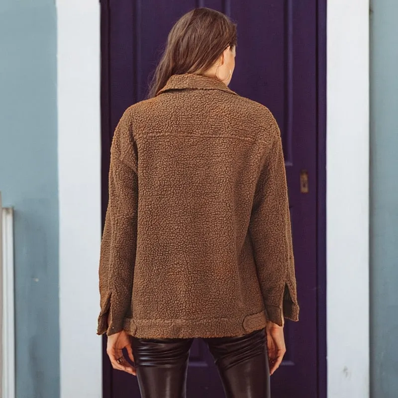 Women's Winter Long Sleeved Lambs Wool Button Jacket