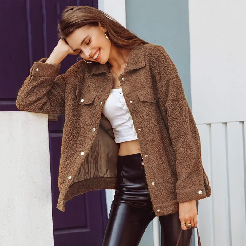 Women's Winter Long Sleeved Lambs Wool Button Jacket