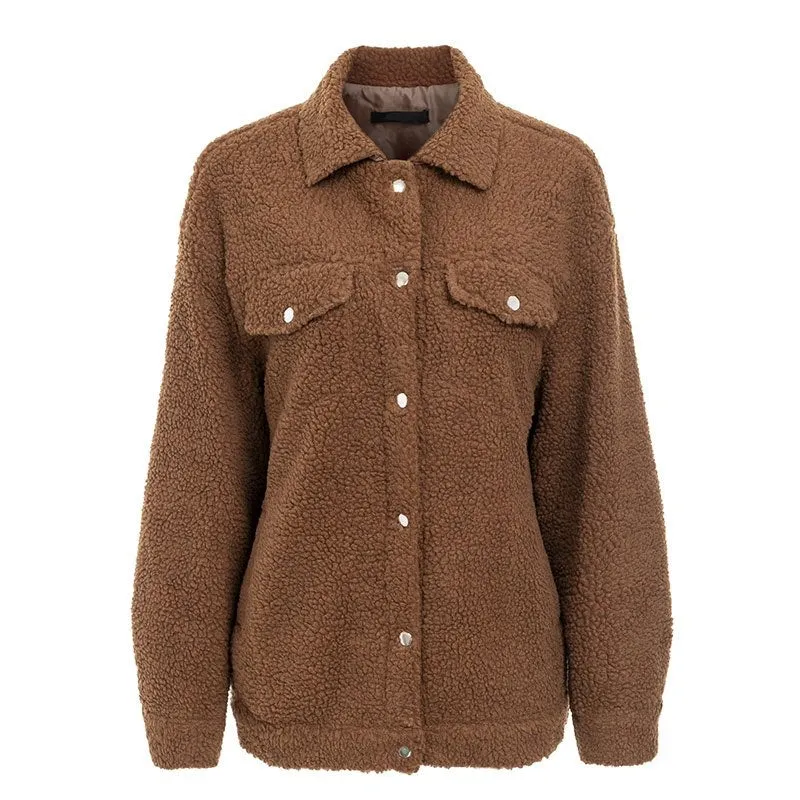 Women's Winter Long Sleeved Lambs Wool Button Jacket