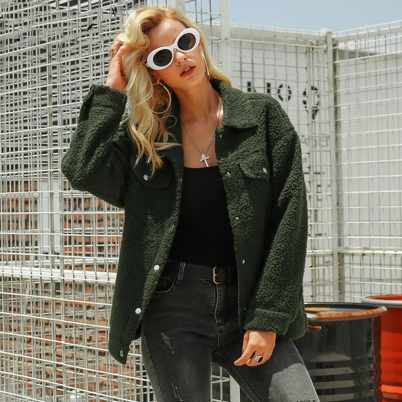 Women's Winter Long Sleeved Lambs Wool Button Jacket