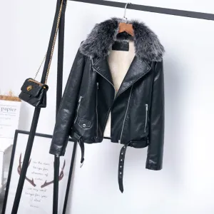 Women's Winter Slim PU Leather Coat With Detachable Fur