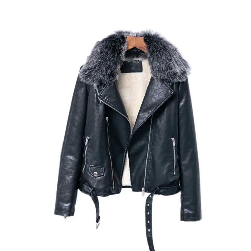 Women's Winter Slim PU Leather Coat With Detachable Fur