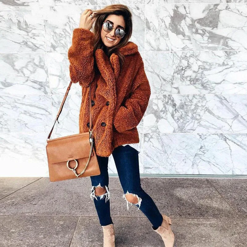 Women's Winter Soft Plush Thick Fleece Faux Fur Jacket